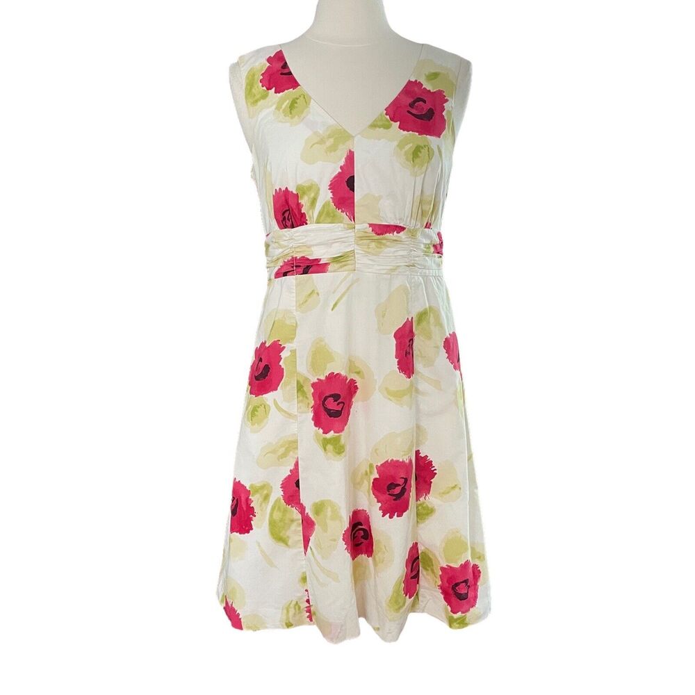 Boden Poppy Print Cotton Dress Sa 8 Womens Fit and Flare Sleeveless Lined Ruched